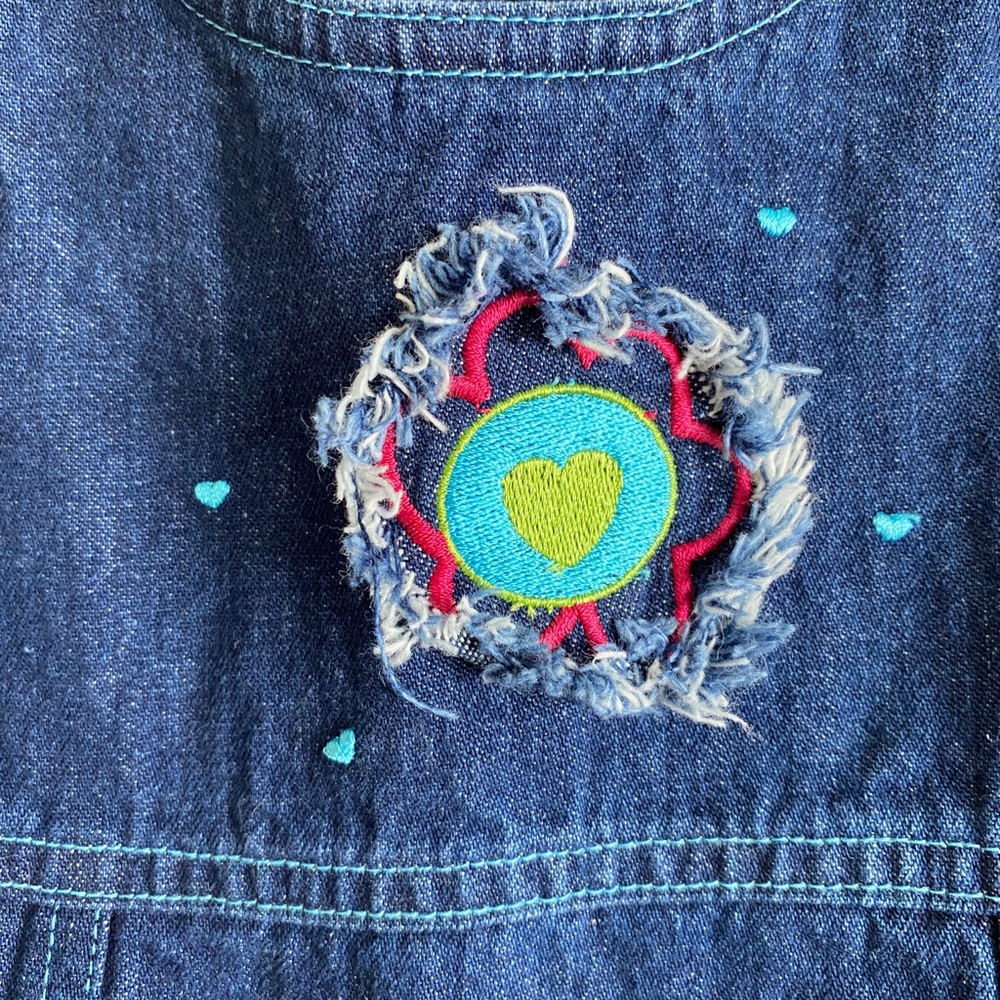 Y2K Denim Sleeveless Dress w/ Embroidered Heart Flower - Picture 3 of 4